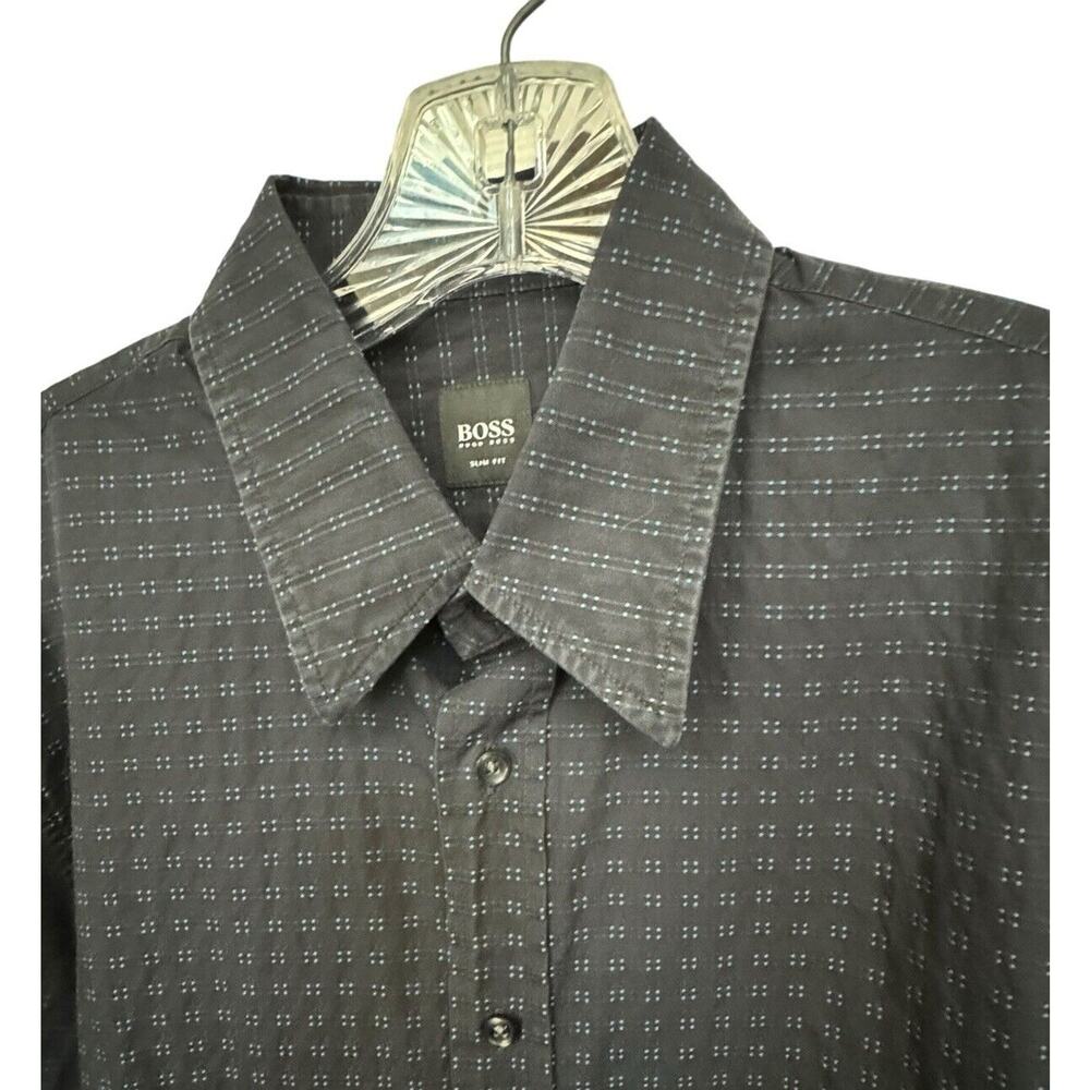 Hugo Boss Shirt Men's‎ Large Black Blue Slim Fit Preppy Patterned Office Career